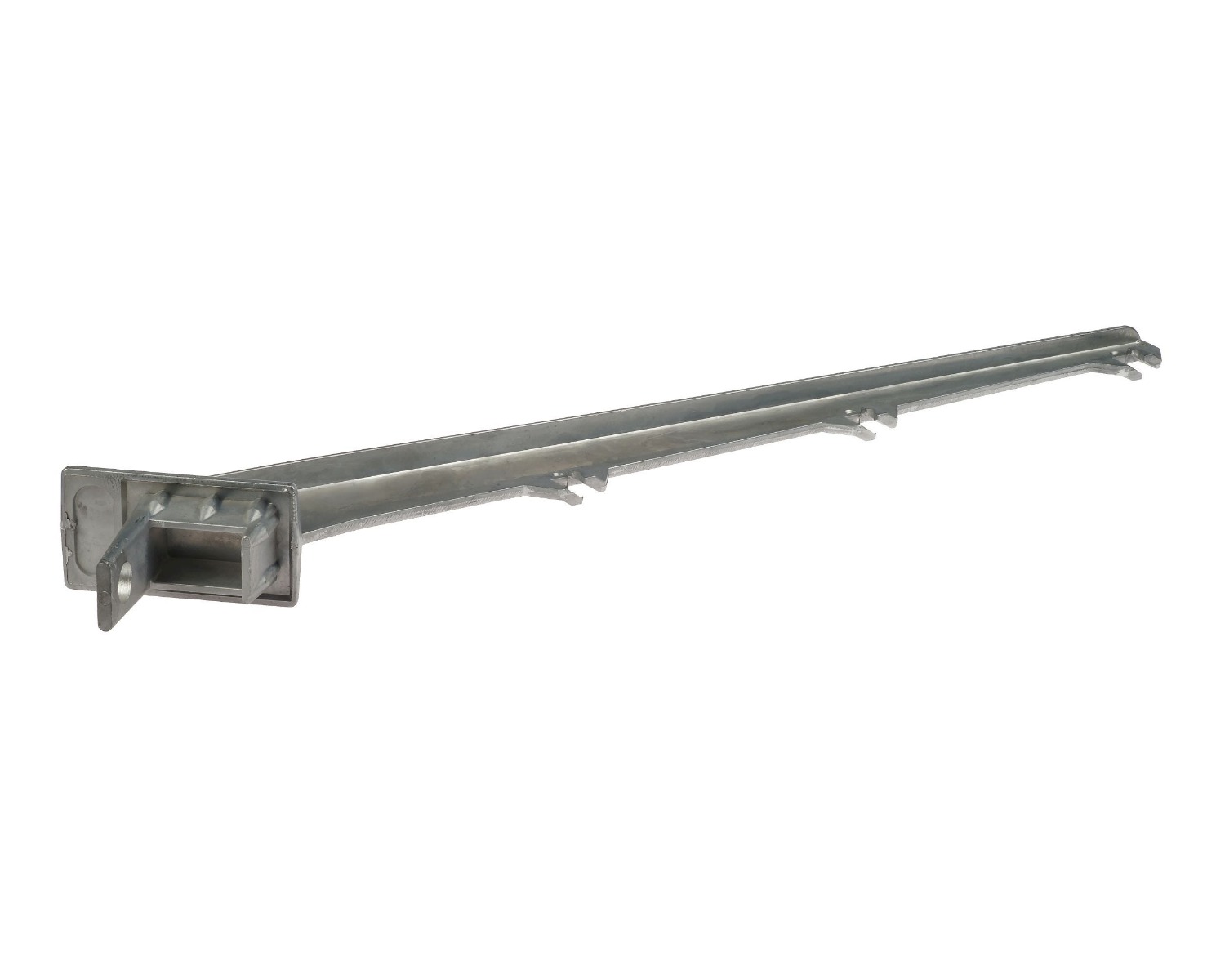 Detailansicht Aluminium innenliegender Stacheldrahtbügel 45° für 3 Drähte, zur Montage in 40x60 mm Profilpfosten bei Industriezaun.