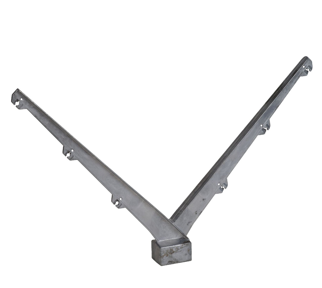 Detail doppelter Aluminium Stacheldrahtarm 45° für 2 x 3 Drähte, korrosionsbeständiger V-Arm für Perimeter- und Gewerbeanlagen.