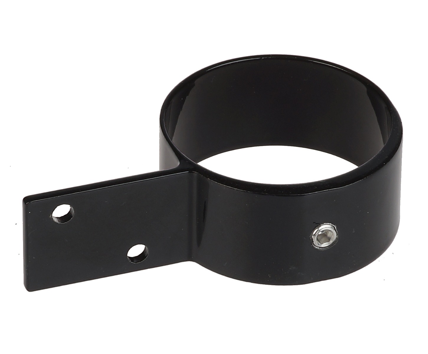 Aluminium Holzzaunhalterung Endmodell in RAL 9005 Schwarz, separat mit Befestigungsmaterial dargestellt. Die Aufnahme zeigt die spezielle Form der Halterung und die Lasche zum sicheren Abschluss des letzten Holzzaunfeldes an einem Stahlpfosten.