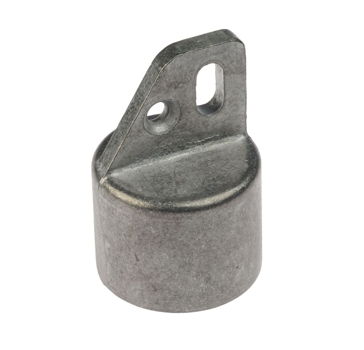 Eine robuste Endkappe aus Aluminium für Rundrohre mit einer integrierten Öse zur Befestigung von Spanndrähten oder Zubehörteilen.
