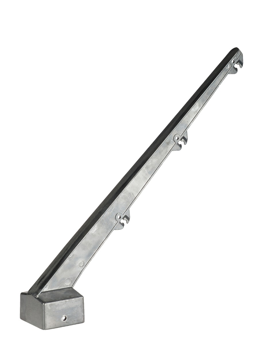 Ein silberner Stacheldrahtarm aus Aluminium im 45-Grad-Winkel mit Halterungen für drei Stacheldrähte auf weißem Hintergrund.