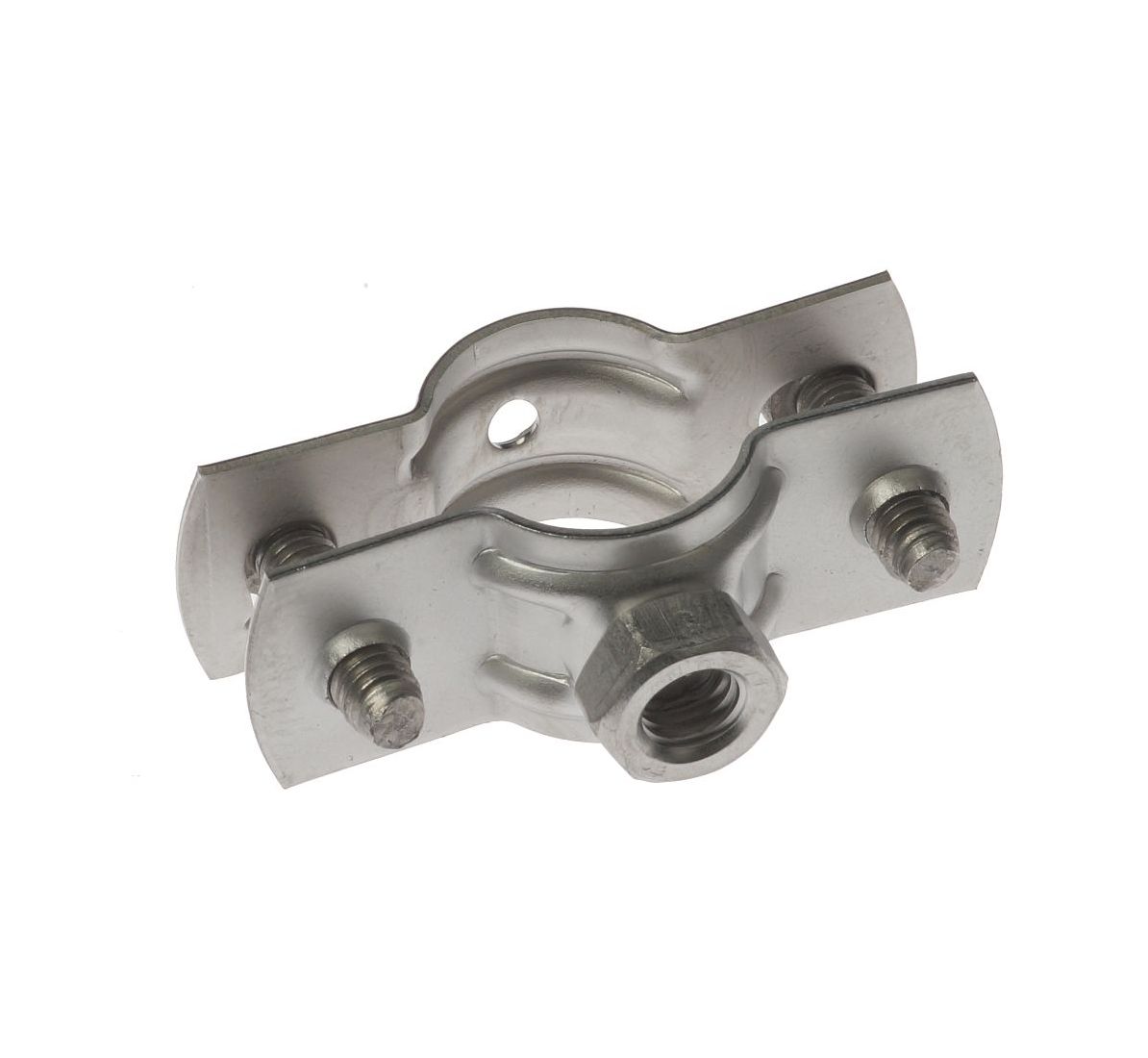 Eine silberne Bifix R 300 Rohrschelle aus V4A Edelstahl mit M8 Anschlussgewinde für die sichere Befestigung von Rohren.