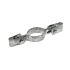 Eine feuerverzinkte Zwischenpfosten-Schelle aus Temperguss mit Clips zur stabilen Befestigung von Maschendrahtzäunen an Rundpfosten auf weißem Hintergrund.