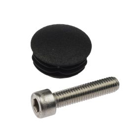 Edelstahlschraube M8 x 35 mm mit schwarzer Kunststoff‑Linsenkappe zur Befestigung von Stabgitterzäunen an End- und Eckpfosten