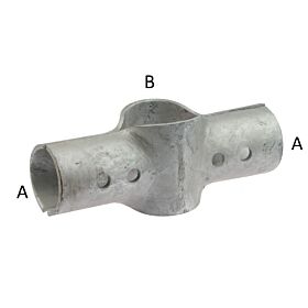 Eine schwere, zweiteilige Doppel-T-Schelle aus feuerverzinktem Stahl mit Markierungen A und B zur stabilen Verbindung von zwei Rohren.