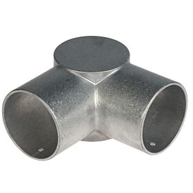 Ein metallener 3-Wege-Rohrverbinder aus Aluminium als Eckstück im 90-Grad-Winkel für Rohre mit 60 mm Durchmesser.
