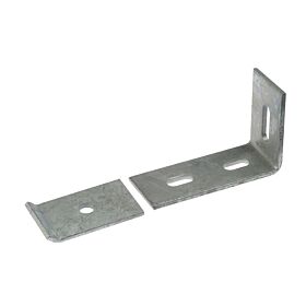 Ein zweiteiliges feuerverzinktes Abstandhalter-Set aus Metall für die stabile Montage von Doppelstabmattenzäunen im Außenbereich.