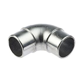 Ein silberfarbener 90-Grad-Rohrbogen aus Aluminium für die Verbindung von zwei 60mm Rundrohren auf einem weißen Hintergrund.
