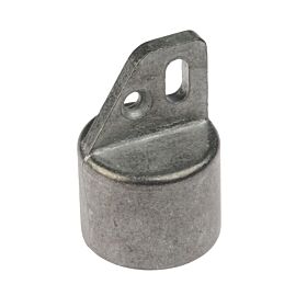 Eine robuste Endkappe aus Aluminium für Rundrohre mit einer integrierten Öse zur Befestigung von Spanndrähten oder Zubehörteilen.
