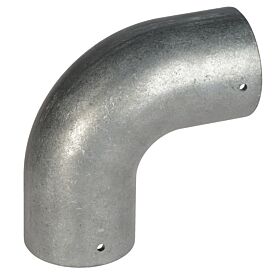 Ein silberner 90 Grad Rohrverbinder aus Aluminium für 60 mm Rohre mit praktischen Befestigungslöchern für eine sichere Eckverbindung.