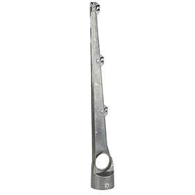 Ein gerader Stacheldrahtarm aus Aluminium mit Halterungen für drei Drähte zur Montage auf runden Zaunpfosten vor weißem Hintergrund.