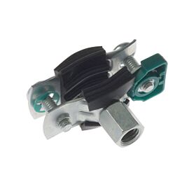 Metallische Bifix G2 Rohrschelle mit schwarzer EPDM-Gummieinlage, Sechskantmutter und grünen Schnellverschluss-Elementen vor weißem Hintergrund.