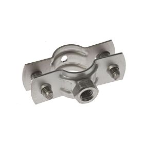Eine silberne Bifix R 300 Rohrschelle aus V4A Edelstahl mit M8 Anschlussgewinde für die sichere Befestigung von Rohren.