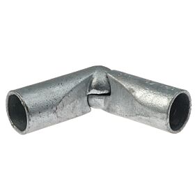 Ein silberner, metallischer Rohrverbinder in Form eines verstellbaren Gelenkbogens für Handläufe auf einem weißen Hintergrund.