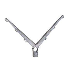 V-förmiger Stacheldrahtausleger aus Aluminium für Rundpfosten mit Halterungen für jeweils drei Drähte auf beiden Seiten des Arms.