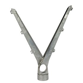 Ein Y-förmiger Doppel-Übersteigschutz aus silbernem Aluminium mit Halterungen für sechs Stacheldrahtreihen auf weißem Hintergrund.