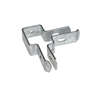 Ein feuerverzinkter Eckverbinder aus Metall für 60x40mm Boxprofile von Doppelstabmattenzäunen zur stabilen Eckmontage.