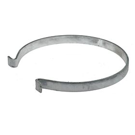 Ein schmaler, ringförmiger Eimerhalter aus feuerverzinktem Metall mit offenen, hakenartigen Enden für eine sichere Befestigung im Außenbereich.