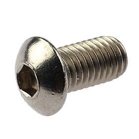 Eine Nahaufnahme einer silbernen M8 x 15 mm Rundkopfschraube mit Innensechskant-Antrieb aus hochwertigem Edelstahl 304 für Einbruchschutz.