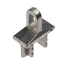Stabiler Aluminium-Endverbinder für Rechteckrohre mit integrierter Öse und zwei Stützelementen zur sicheren Befestigung von Querträgern.