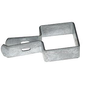 Eine feuerverzinkte Endschelle aus Metall zur stabilen Befestigung von Doppelstabmatten an Zaunpfosten für langlebige Zaunkonstruktionen.