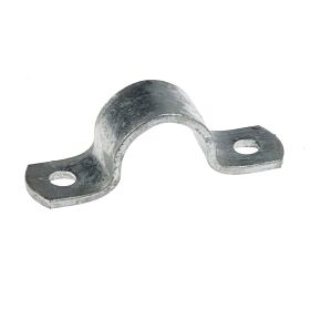Feuerverzinkte Metallschelle in U-Form mit zwei Befestigungslöchern zur sicheren Montage von Rohrleitungen auf ebenen Flächen.