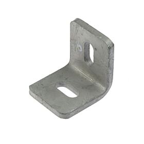 Ein feuerverzinkter L-Winkel aus Metall mit zwei Langlöchern zur stabilen Befestigung von Zaunelementen an einer Wand oder Mauer.