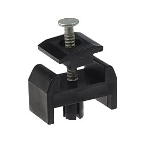 Eine schwarze Gitterplattenklemme aus Kunststoff mit einem robusten Aluminiumstift zur sicheren Befestigung an quadratischen oder rechteckigen Vierkantrohren.