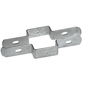 Eine feuerverzinkte Zaunhalterung für 60x60mm Pfosten mit verlängerter Lasche zur stabilen Befestigung von Doppelstabmattenzäunen auf weißem Hintergrund.