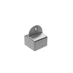 Graue Aluminium Pfostenkappe mit einer abgerundeten Halterung und zentraler Bohrung zur stabilen Befestigung eines modularen Arms an Pfosten.