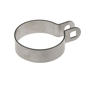 Ein kreisförmiger Endhalter aus gebürstetem Edelstahl mit integrierten Montagelaschen vor einem schlichten, weißen Hintergrund.