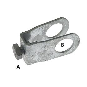 Ein U-förmiger Kreuzverbinder aus verzinktem Metall mit einer Feststellschraube und zwei kreisförmigen Öffnungen zur sicheren Befestigung von Rohren.