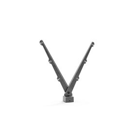 Ein modularer, V-förmiger Doppelarm aus Metall für Stacheldraht, montiert auf einem quadratischen Pfostenfuß zur Erhöhung der Zaunsicherheit.