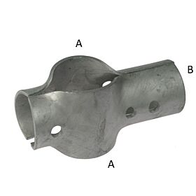 Eine schwere, feuerverzinkte 2-teilige T-Klemme aus Metall mit vorgebohrten Löchern für die sichere Verbindung von Rohren.