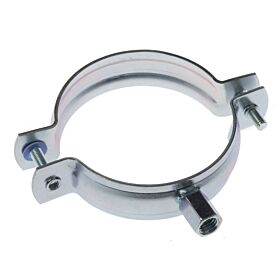 Zweiteilige Rohrschelle aus elektrolytisch verzinktem Metall mit M8/M10 Anschlussmutter und seitlichen Befestigungsschrauben auf weißem Hintergrund.