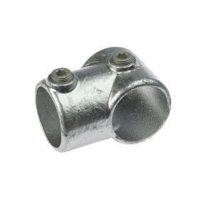 Silberner G101 Rohrverbinder aus feuerverzinktem Temperguss mit zwei Inbusschrauben zur stabilen Verbindung von Metallrohren im rechten Winkel.