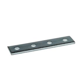 Flacher Schienenverbinder 41 aus elektrolytisch verzinktem Metall mit vier Bohrungen zur stabilen Verbindung von Montageschienen und Profilen.