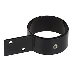 Eine schwarze Halterung aus Aluminium für Holzzäune, Endmodell mit runder Manschette, Montageplatte und zwei Bohrungen für Schrauben.