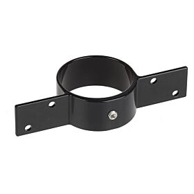 Schwarze Aluminium-Halterung für Holzzäune mit runder Pfostenaufnahme und zwei seitlichen Montageflügeln für eine sichere Befestigung.