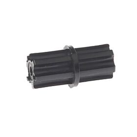 Eine schwarze, zylindrische Rohrkupplung aus Kunststoff mit gerippter Oberfläche und einem zentralen Ring zur stabilen Verbindung von Rohren.