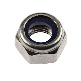 Sechskantsicherungsmutter M8 aus Edelstahl 304 mit blauem Polyamid-Klemmteil zur Vibrationssicherung nach DIN 985 Standard.