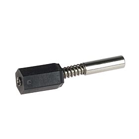 Ein universeller Federstift mit einer schwarzen sechseckigen Nylon-Endkappe, einer sichtbaren Spiralfeder und einem zylindrischen Metallbolzen vor weißem Hintergrund.