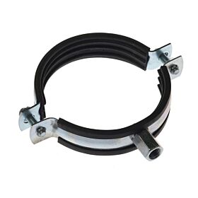 Eine verzinkte Zweischraubenschelle mit schwarzer Gummieinlage und M8/M10 Anschlussgewinde zur vibrationsfreien Befestigung von Rohren an Wand oder Decke.