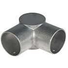 Ein metallener 3-Wege-Rohrverbinder aus Aluminium als Eckstück im 90-Grad-Winkel für Rohre mit 60 mm Durchmesser.