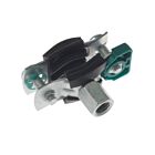 Metallische Bifix G2 Rohrschelle mit schwarzer EPDM-Gummieinlage, Sechskantmutter und grünen Schnellverschluss-Elementen vor weißem Hintergrund.