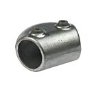 Ein robuster, feuerverzinkter Bogenverbinder aus Temperguss mit zwei Stellschrauben zur stabilen Verbindung von Metallrohren in Rohrkonstruktionen.