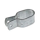 Ein ovaler Strebenhalter aus verzinktem Metall mit Verstellschlitz und Bohrungen für eine flexible Befestigung von Rohren und Streben.