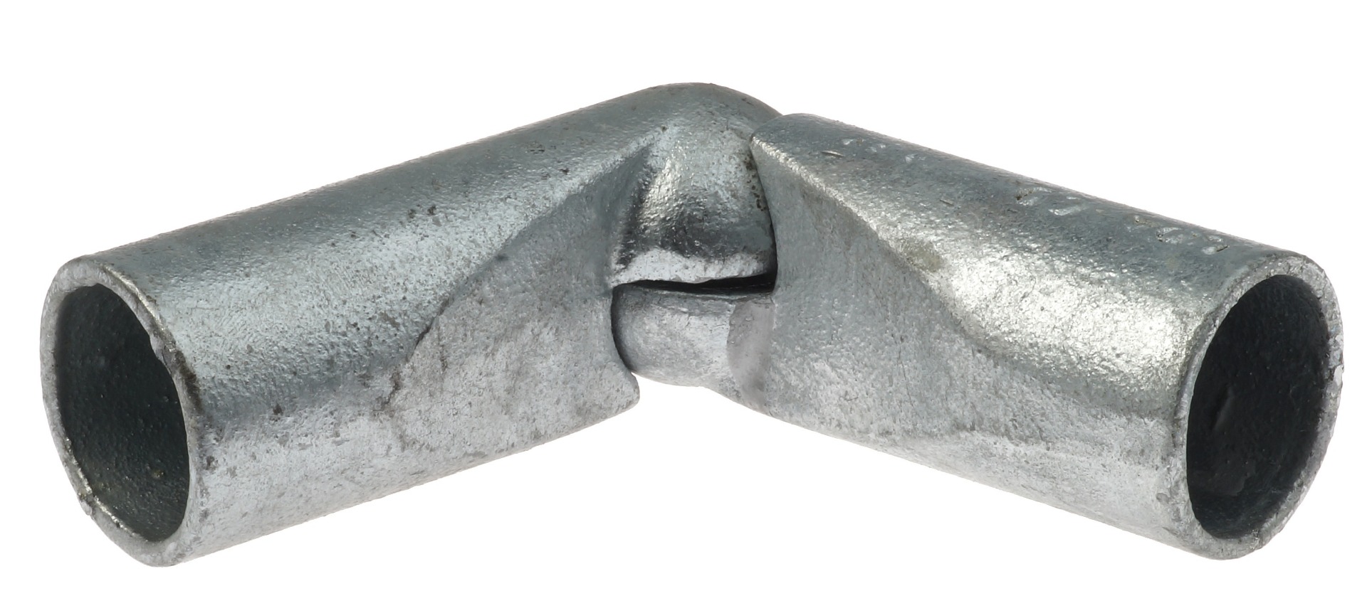 Ein silberner, metallischer Rohrverbinder in Form eines verstellbaren Gelenkbogens für Handläufe auf einem weißen Hintergrund.