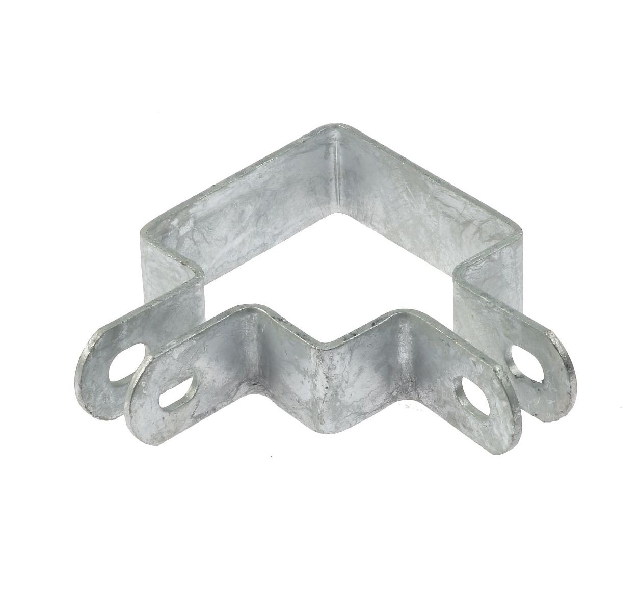 Feuerverzinkter doppelter Stahlwinkel für 60x60mm Quadratprofile mit vier Montagelöchern zur stabilen Eckverbindung von Vierkantrohren im Außenbereich.