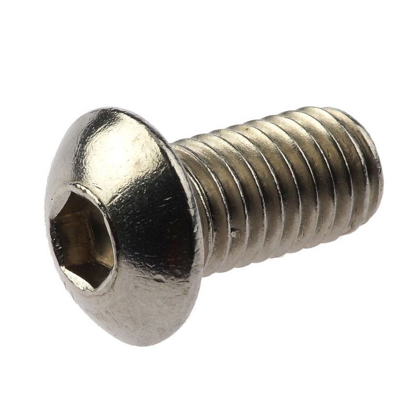 Eine Nahaufnahme einer silbernen M8 x 15 mm Rundkopfschraube mit Innensechskant-Antrieb aus hochwertigem Edelstahl 304 für Einbruchschutz.